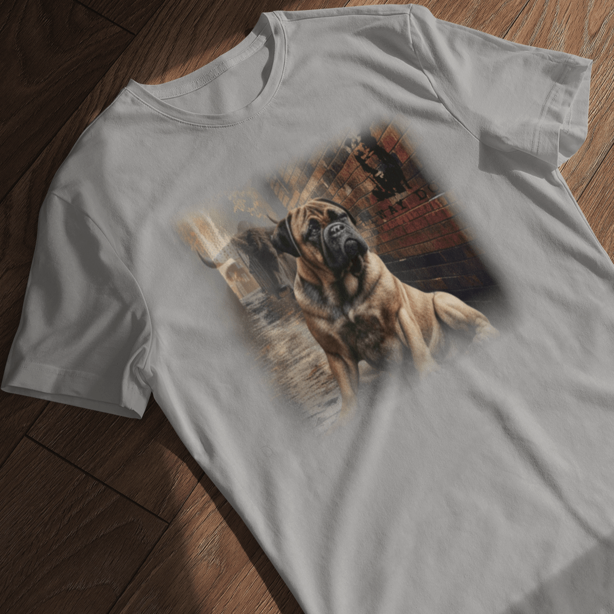 Flat-lay mockup of a light grey graphic t-shirt laid on a wooden floor, featuring a fawn English Mastiff resting in an atmospheric cobblestone alleyway alongside a horned highland bull and brick wall mural with "A Railway Dog" text.