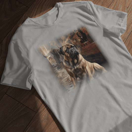Flat-lay mockup of a light grey graphic t-shirt laid on a wooden floor, featuring a fawn English Mastiff resting in an atmospheric cobblestone alleyway alongside a horned highland bull and brick wall mural with "A Railway Dog" text.