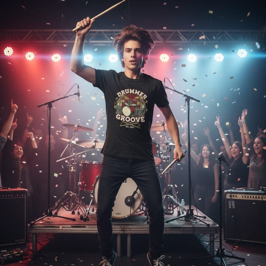 Front view of a male model mid-air jumping, with a drumstick in each hand, wearing a black t-shirt with