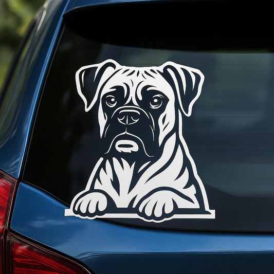 A white vinyl decal of a Boxer dog is displayed on the rear windshield of a blue SUV. 