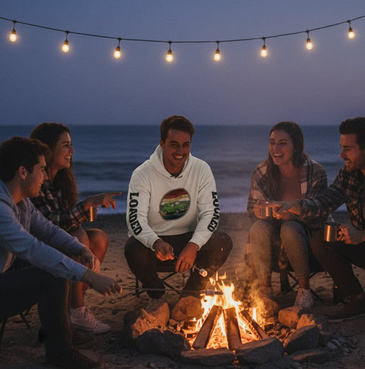 Group of friends sitting around a campfire on a beach at night with string lights above.