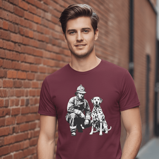 Man wearing a burgundy T-shirt featuring a vintage firefighter and Dalmatian dog graphic, standing against a brick wall in an urban laneway.