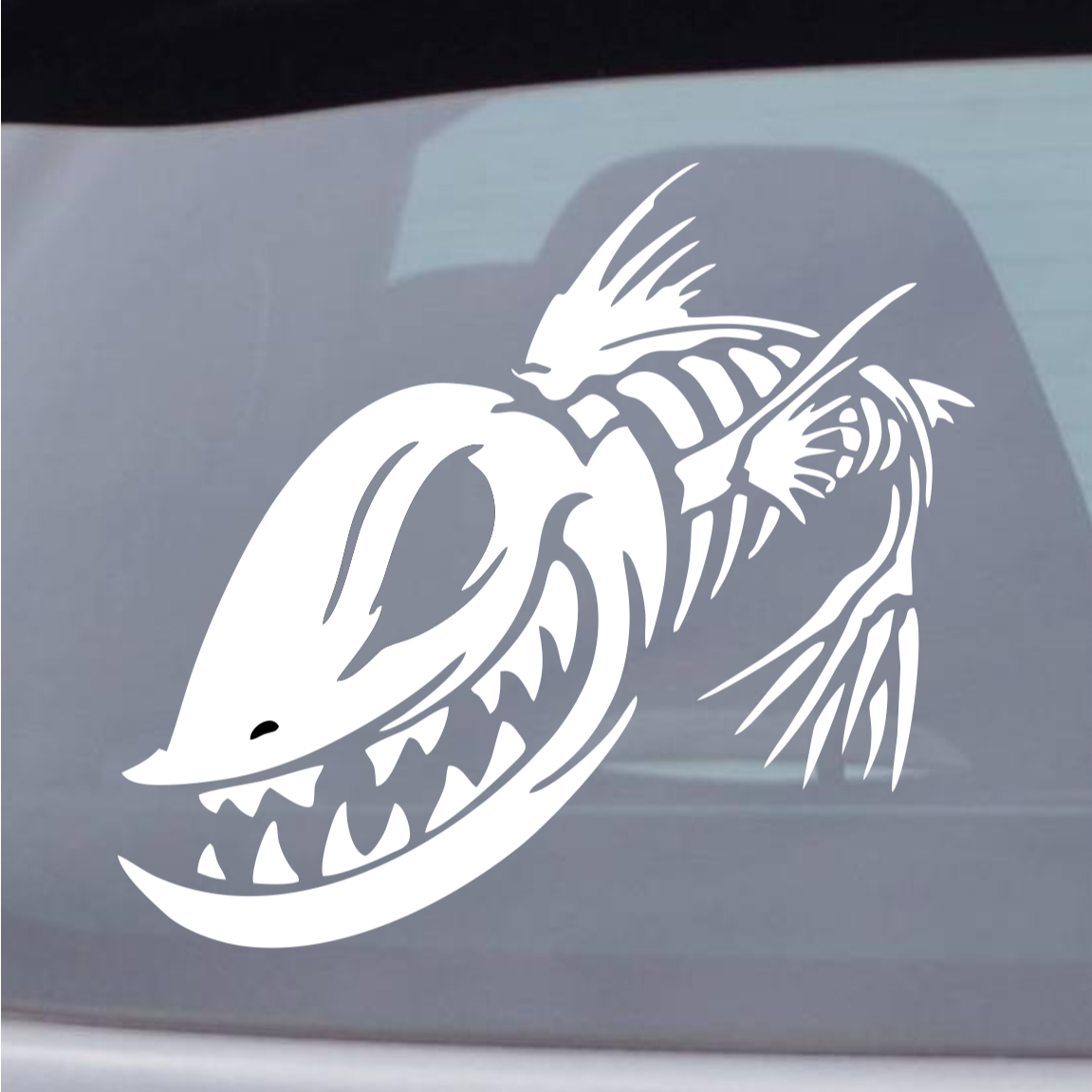 Fish skeleton decal on a car window