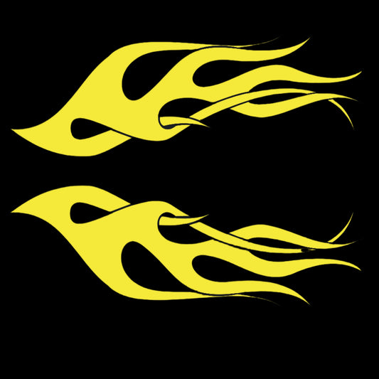 Two yellow flame decal designs on a black background