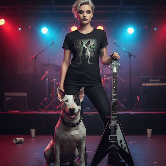 Woman with a guitar and a dog on a stage with colorful lights