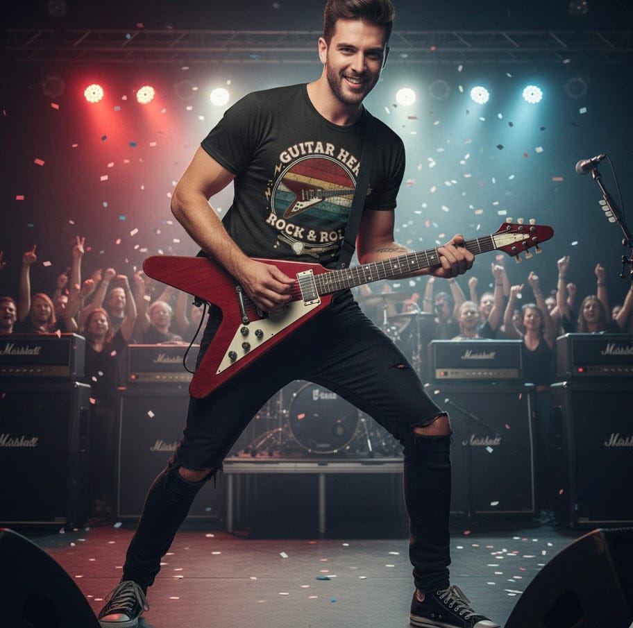 Guitarist performing on stage with a crowd and Marshall amplifiers in the background