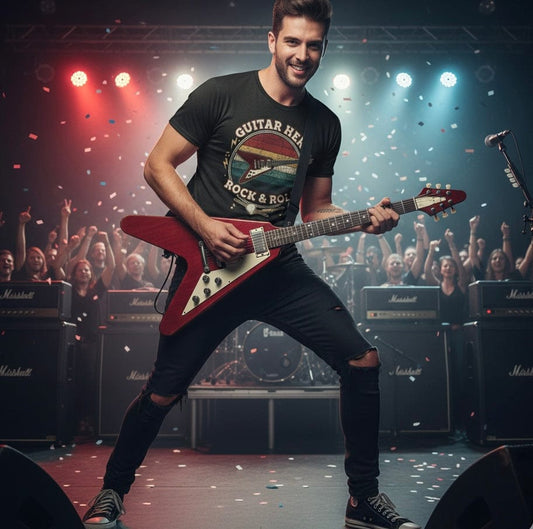 Guitarist performing on stage with a crowd and Marshall amplifiers in the background