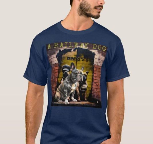 Bearded man modeling a navy blue graphic t-shirt featuring a French Bulldog seated in front of a brick archway mural with stencil street dogs, Banksy text, and "A Railway Dog" typography.