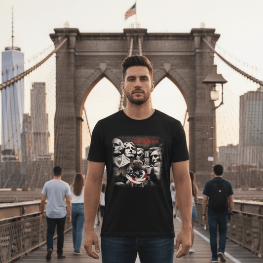 A full-length shot of a male model standing on the wooden pedestrian walkway of the Brooklyn Bridge, facing the camera. He is wearing a black t-shirt featuring a graphic design of Mount Rushmore with a small dog wearing an American flag bandana in the center. He's also wearing slim-fit blue jeans and white sneakers.
