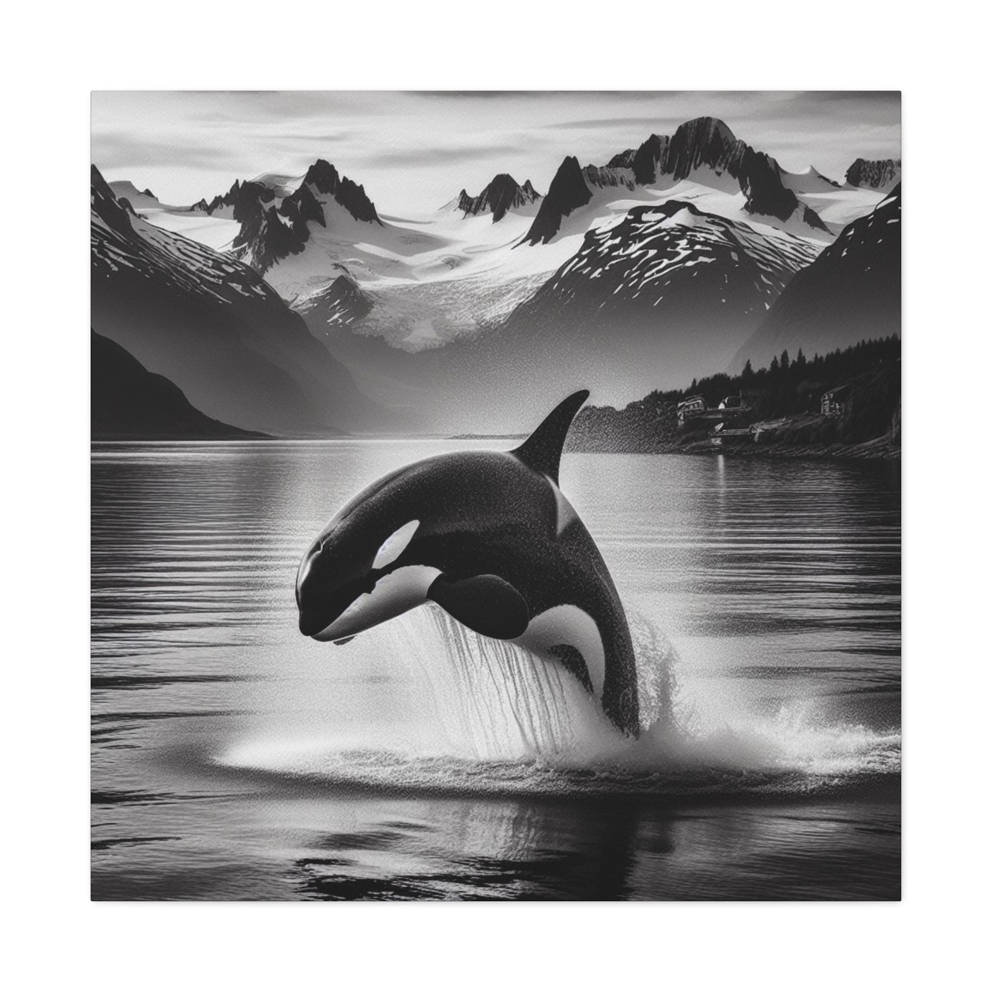 Majestic Orca Breaches in Stunning Fjord on Canvas - That Should Be on a T-Shirt