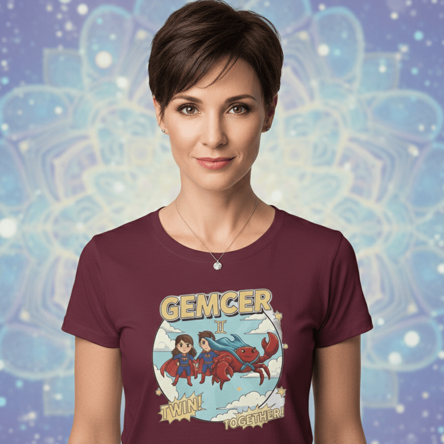 An attractive woman in her late 30s with short, dark brunette hair is pictured from the chest up against a soft, glowing "new age" background featuring a mandala pattern. She is wearing a maroon women’s-cut t-shirt with a playful, comic-style graphic labeled "GEMCER". The design illustrates two small superhero figures labeled "TWIN!" next to a red crab wearing a blue cape, with the word "TOGETHER!" written below.
