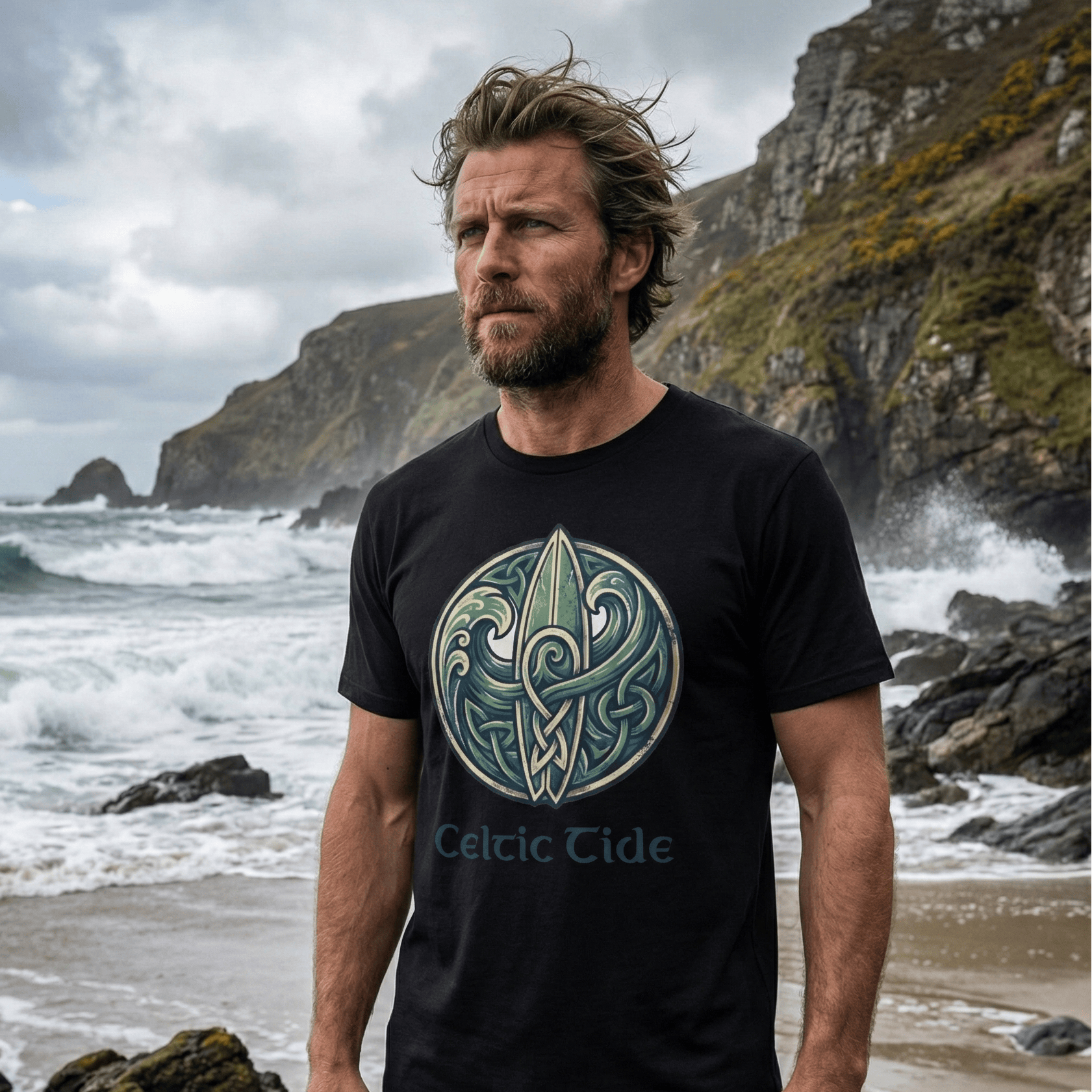 Man wearing a black t-shirt with 'Celtic Tide' design on a rocky beach with ocean waves.