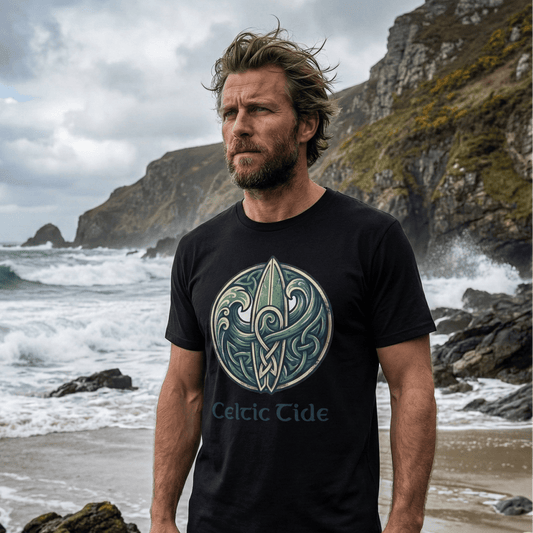 Man wearing a black t-shirt with 'Celtic Tide' design on a rocky beach with ocean waves.