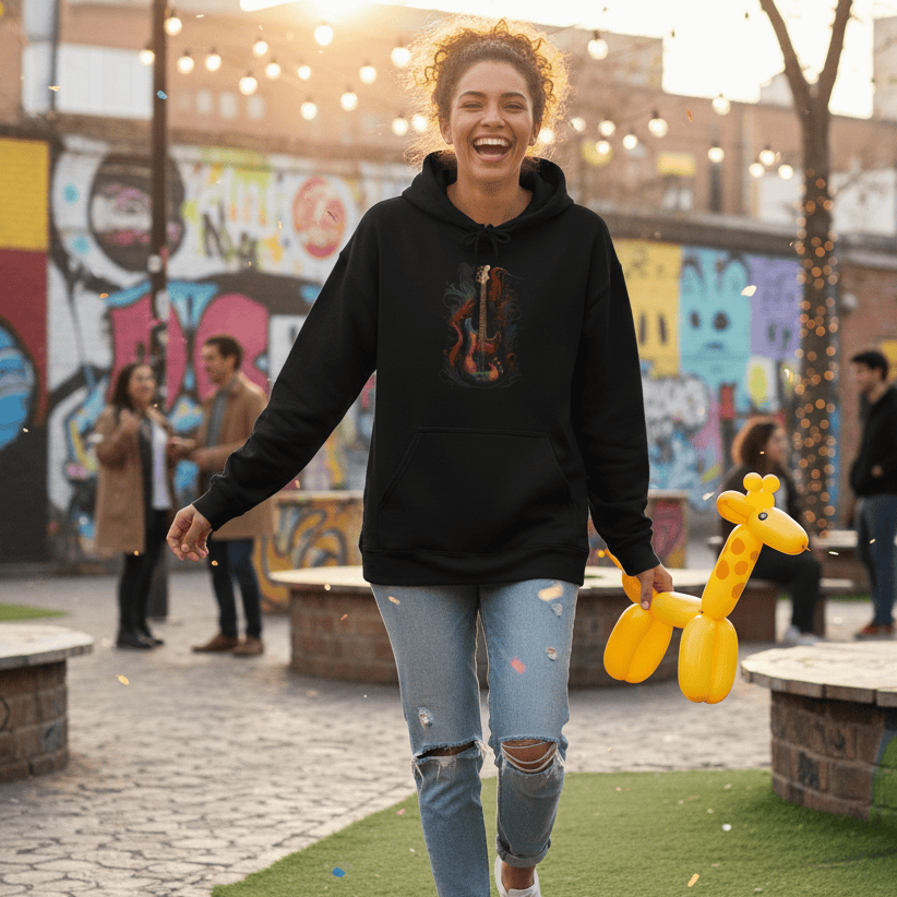 Woman walking outdoors with a bass guitar hoodie, colorful graffiti in the background