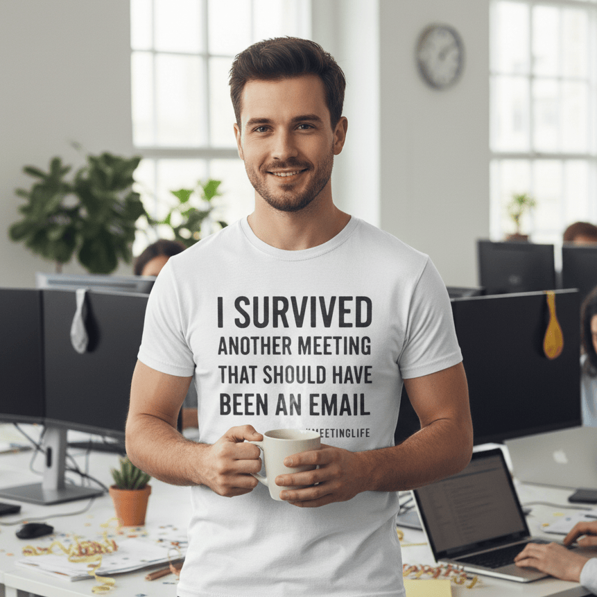 Man wearing a white t-shirt with humorous text in an office setting