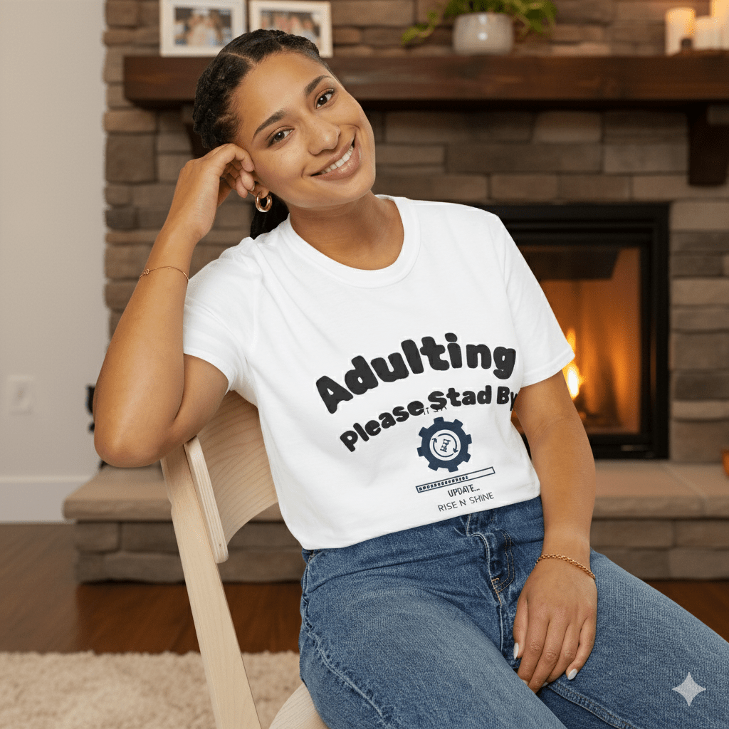 Woman wearing a white t-shirt with text sitting in front of a fireplace.
