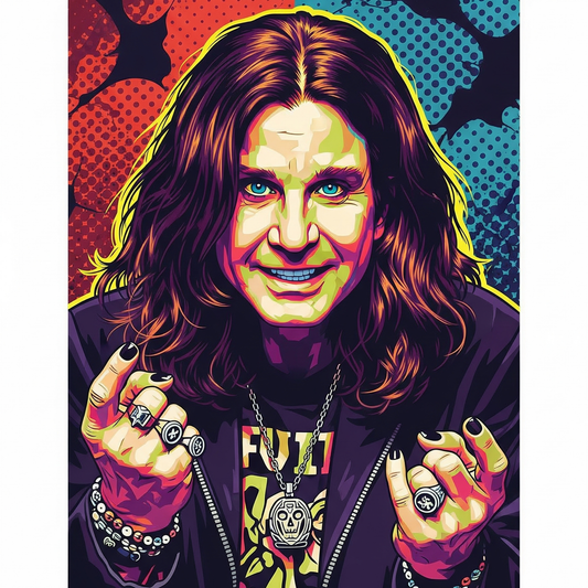 Colorful illustration of a Ozzy Osbourne with long hair and multiple rings on fingers against a multicolored background.