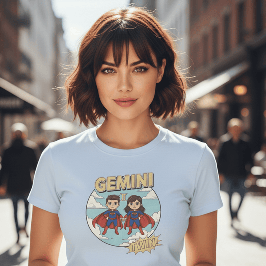 A brunette woman with a short, wavy bob hairstyle wearing a light blue fitted t-shirt. The shirt features a circular cartoon graphic of superhero twins in red capes with the word 'GEMINI' above and 'TWIN!' in a comic-style burst below. She is standing on a sunlit city street with a blurred background.