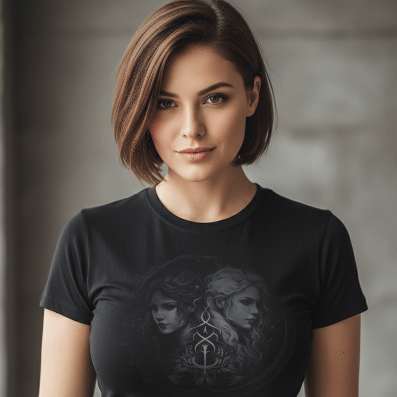 A professional studio portrait of a woman with short, chin-length brown hair and a slight smile, wearing a black t-shirt featuring a circular graphic of two ethereal female figures in a symmetrical, celestial design. The model is centered against a soft-focus gray concrete background