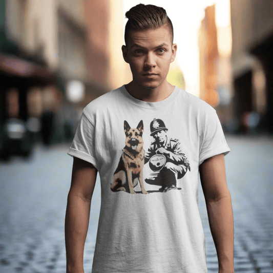 raphic t-shirt featuring a German Shepherd sitting beside a stenciled British police officer holding a bowl labeled "Railway Dog."