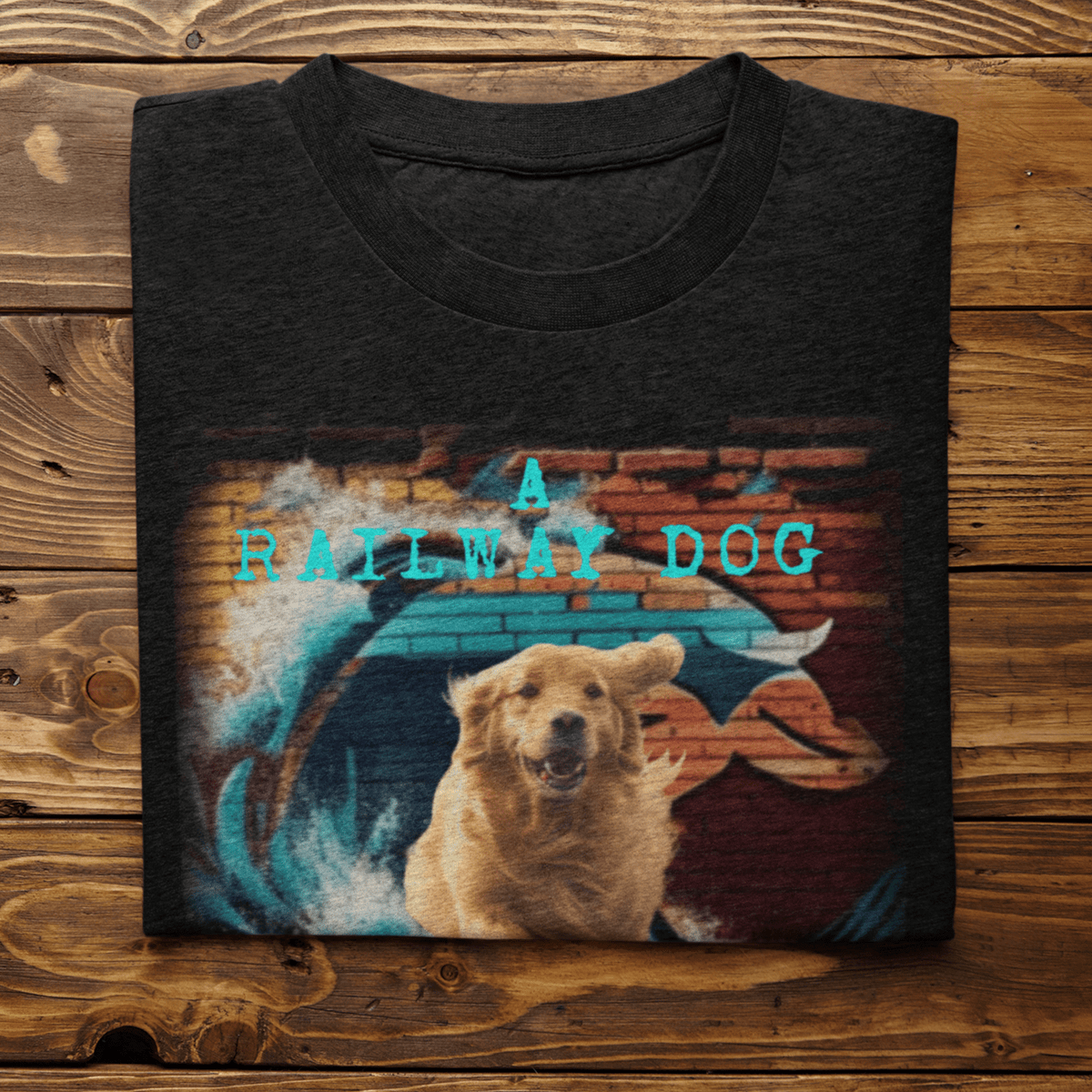 Folded heather black graphic t-shirt laid on a rustic wooden plank surface, featuring a joyful running Golden Retriever dog in front of an urban brick wall mural with crashing ocean waves and turquoise "A Railway Dog" text.