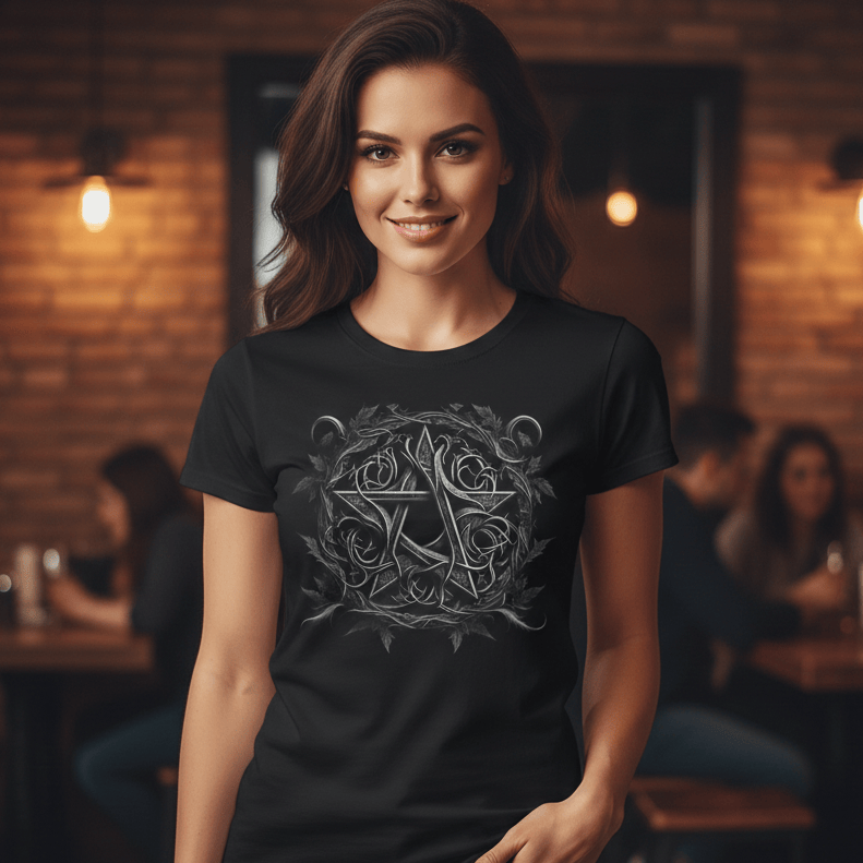 women’s graphic T-shirt featuring an intricate circular gothic-style emblem with interwoven lines and symbols, worn in a casual indoor setting.