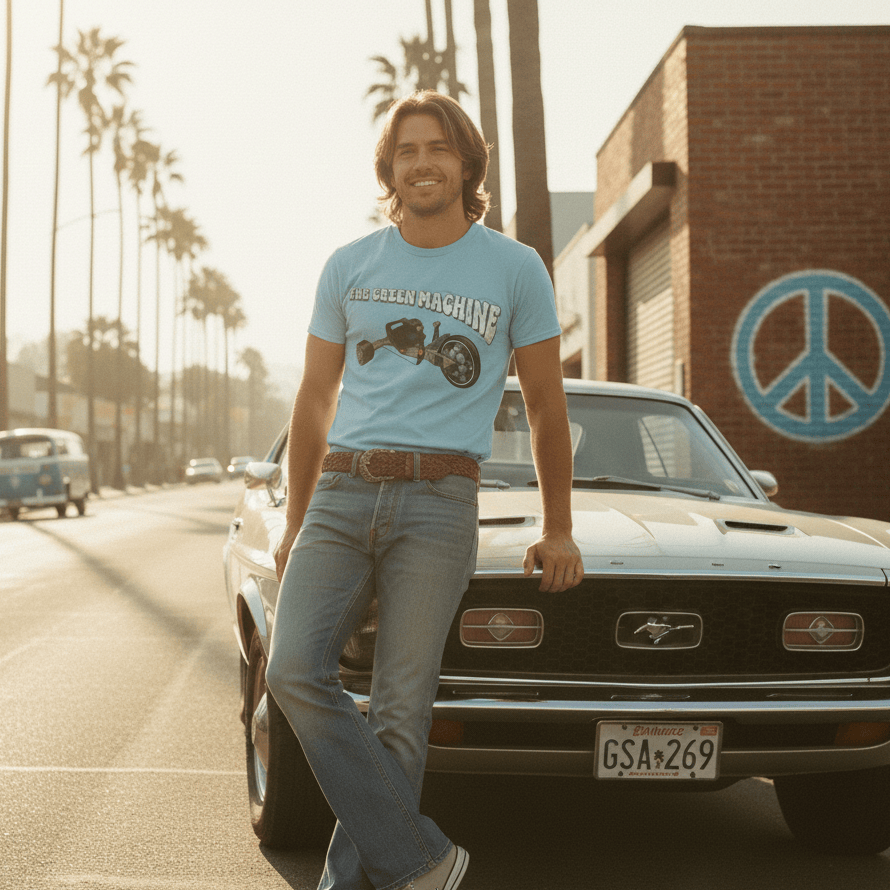 Man standing next to a classic car wearing a 1970s inspired Green Machine Tee
