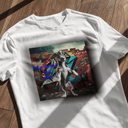 Flat-lay mockup of a white graphic t-shirt laid on a wooden surface with soft window lighting, featuring a playful Grehound puppy standing on its hind legs like Rory Calhoun in front of a colorful graffiti brick wall with "A Railway Dog" text.