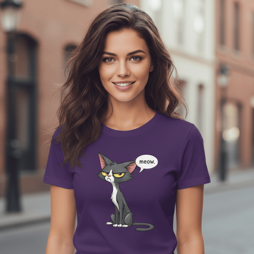Woman wearing a purple t-shirt with a cat graphic on a city street