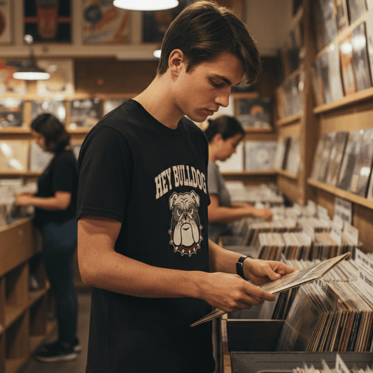 Person browsing records in a record store wearing a Hey Bulldog T-shirt

