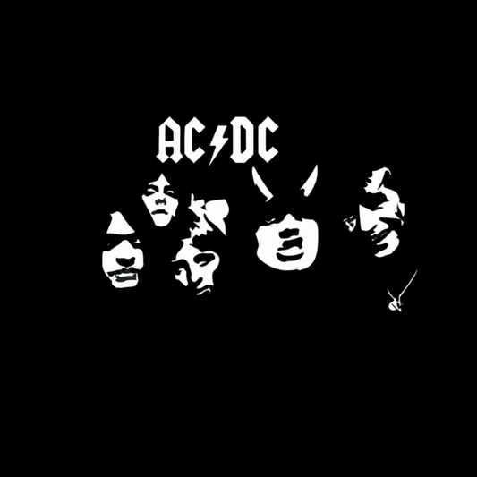 White AC/DC logo with band members' faces on a black background