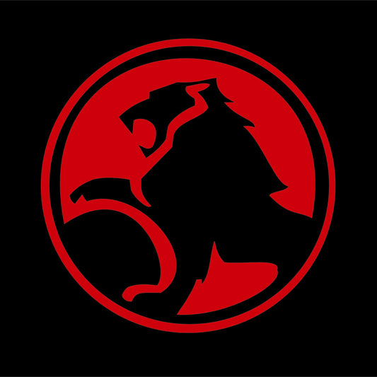 Red and black logo with a stylized figure on a black background