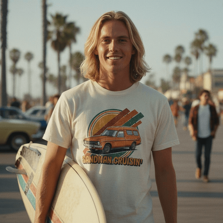Man holding a surfboard with a Holden Sandman t-shirt in a beachside street setting
