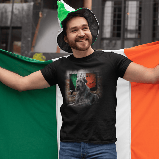 Smiling bearded man wearing a festive green-and-white hat, holding an Irish flag behind him while modeling a black graphic t-shirt featuring an Irish Wolfhound lying in front of an Irish tricolour flag brick mural, a pint of stout, and "A Railway Dog" text.