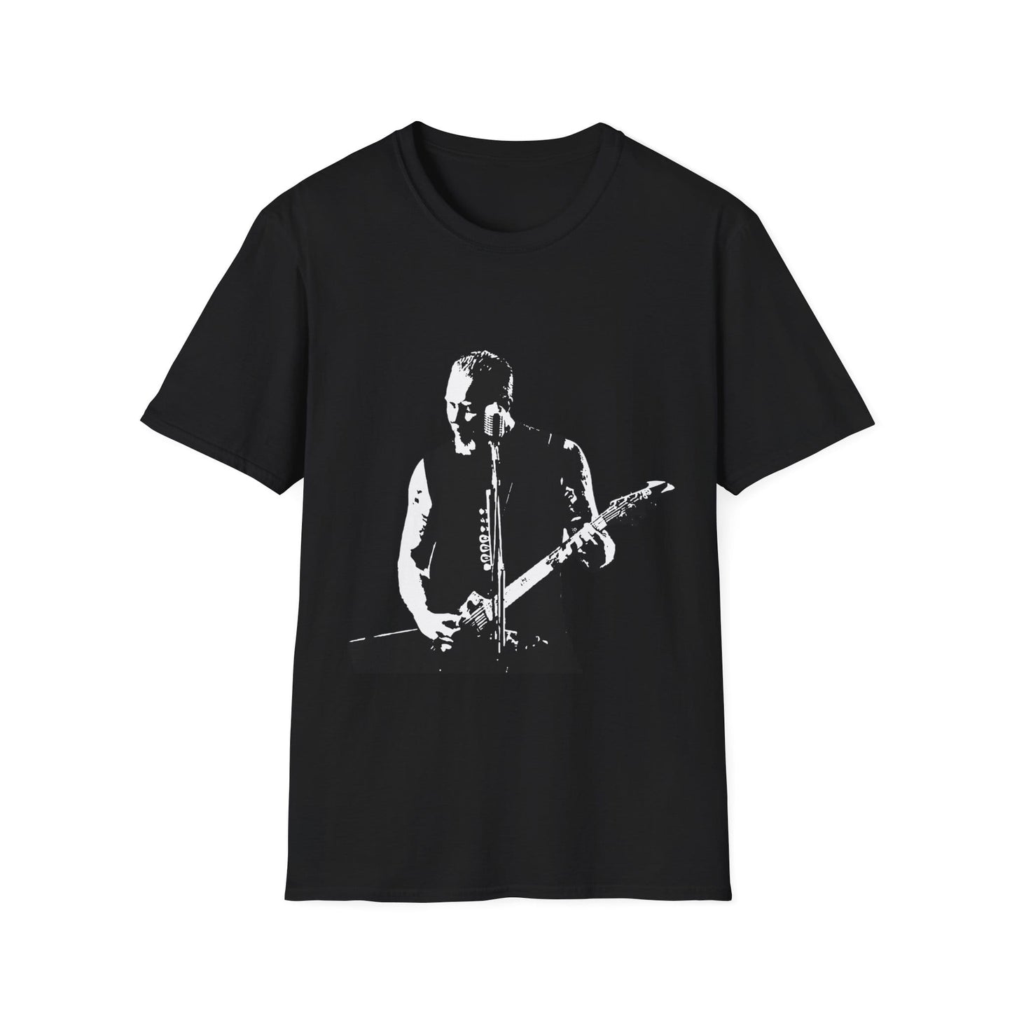 Black t-shirt with a graphic of a James Hetfield playing guitar on a white background