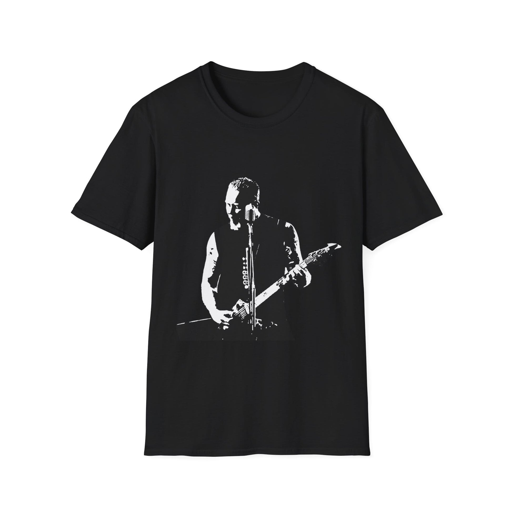 Black t-shirt with a graphic of a James Hetfield playing guitar on a white background