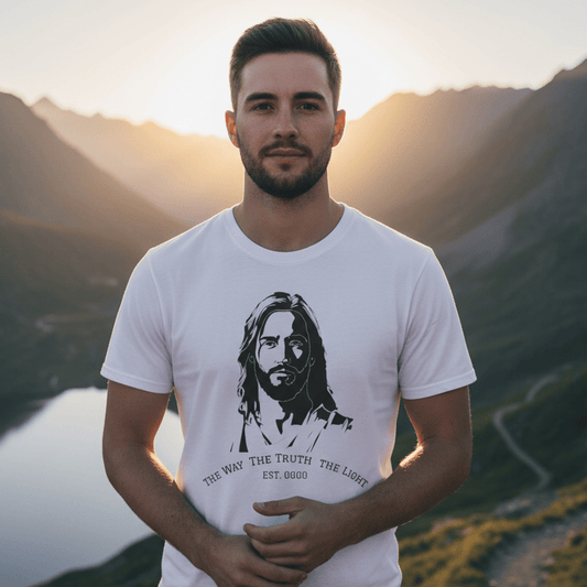 Man wearing a white t-shirt with a graphic design of a Jesus, standing in front of a scenic mountain landscape.