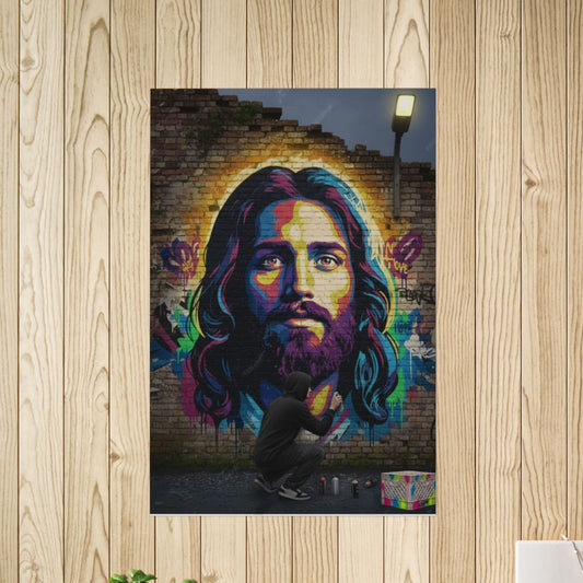 Colorful mural of a bearded figure on a wooden wall above a bed.