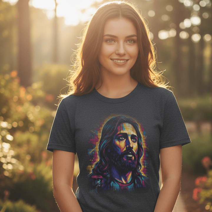 Woman wearing a t-shirt with a colorful graphic of a Jesus face in a garden setting