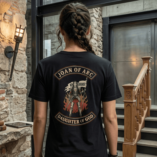 An image of the back of a woman model wearing a black t-shirt. On the back of the t-shirt is a graphic featuring Joan of Arc, depicted as a medieval knight in armor, holding a sword and a banner that reads "NO SURRENDER." The graphic is framed by two arched banners: the top one says "JOAN OF ARC" and the bottom one says "DAUGHTER OF GOD." The woman's hair is in a long braid. She is standing in a modern building with medieval elements, such as a stone wall, a metal helmet on a shelf, and a modern staircase.