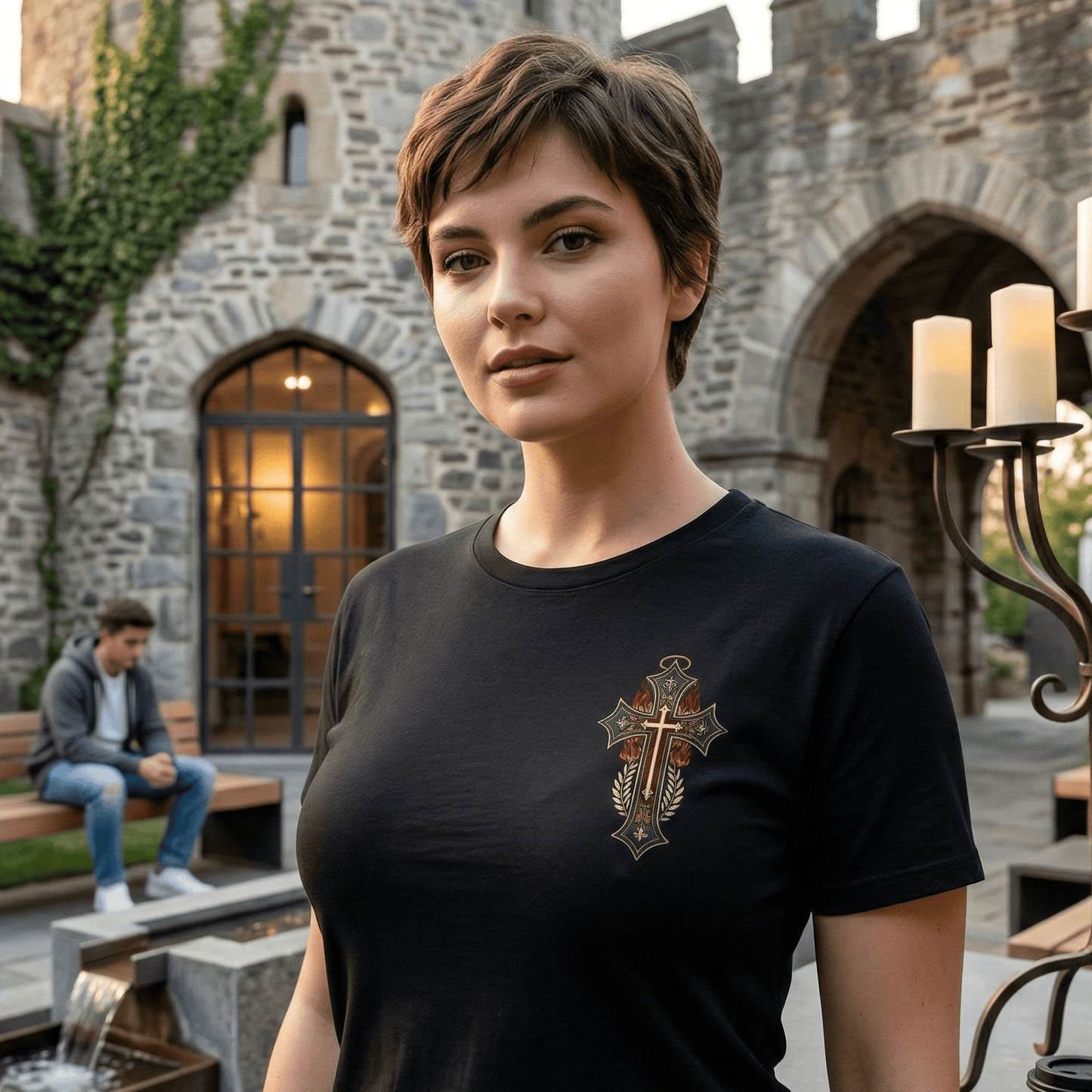 Woman wearing a black t-shirt with a cross design in front of a castle-like building.