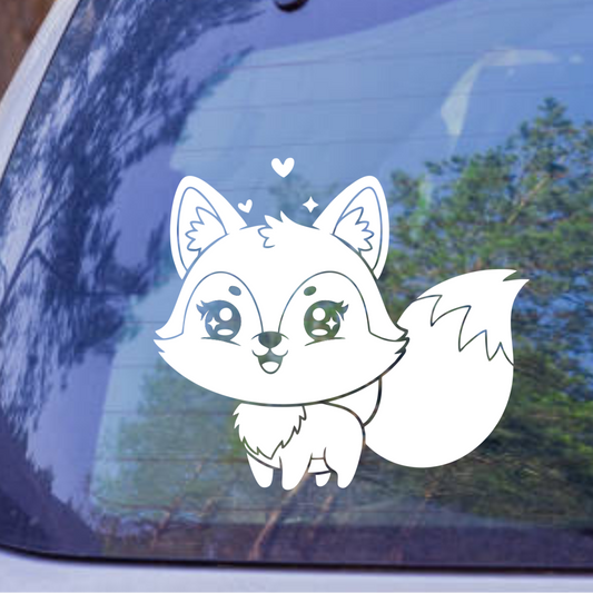 Cartoon fox decal on a car window with trees in the background