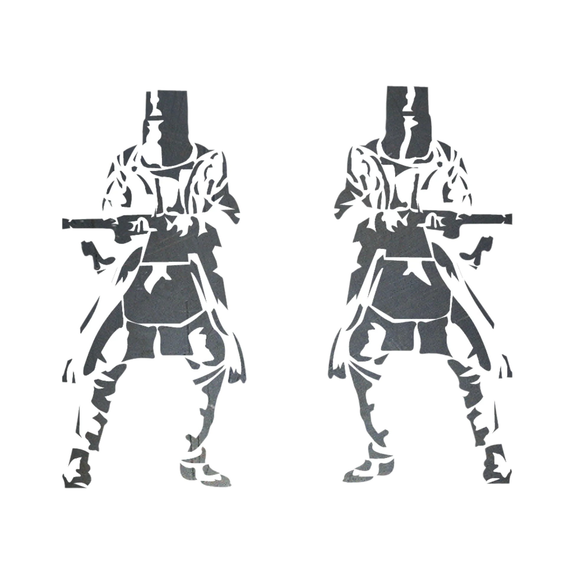 Two Kelly Gang silhouette figures with weapons on a white background