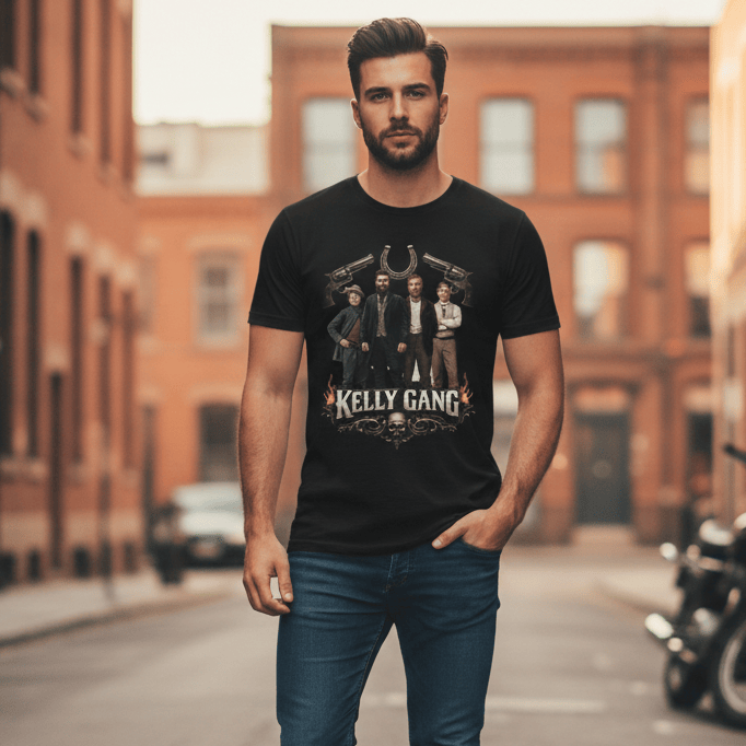 Man wearing a black t-shirt with a Kelly Gang graphic design standing on a street with brick buildings.