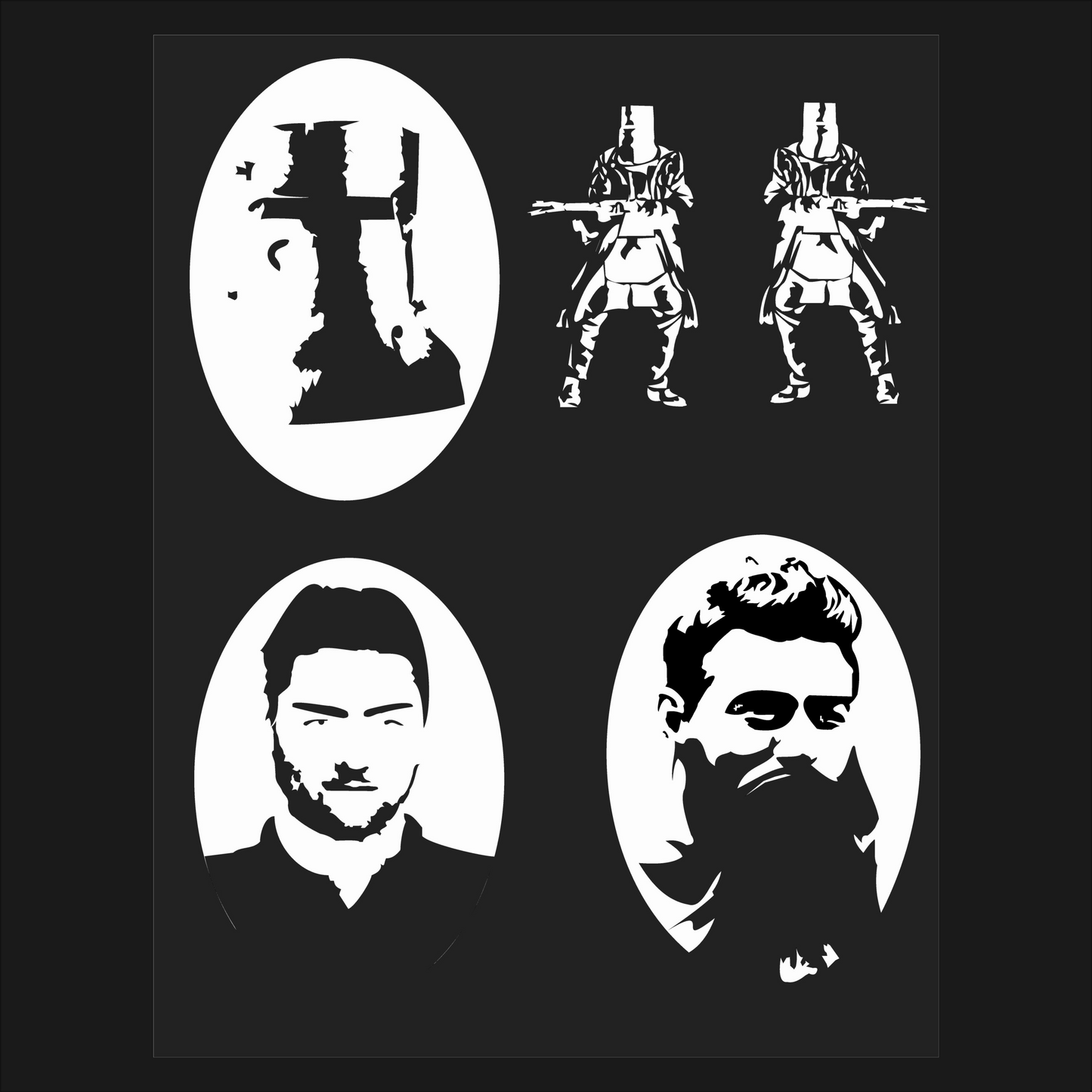 Set of white Ned Kelly silhouettes on a black background