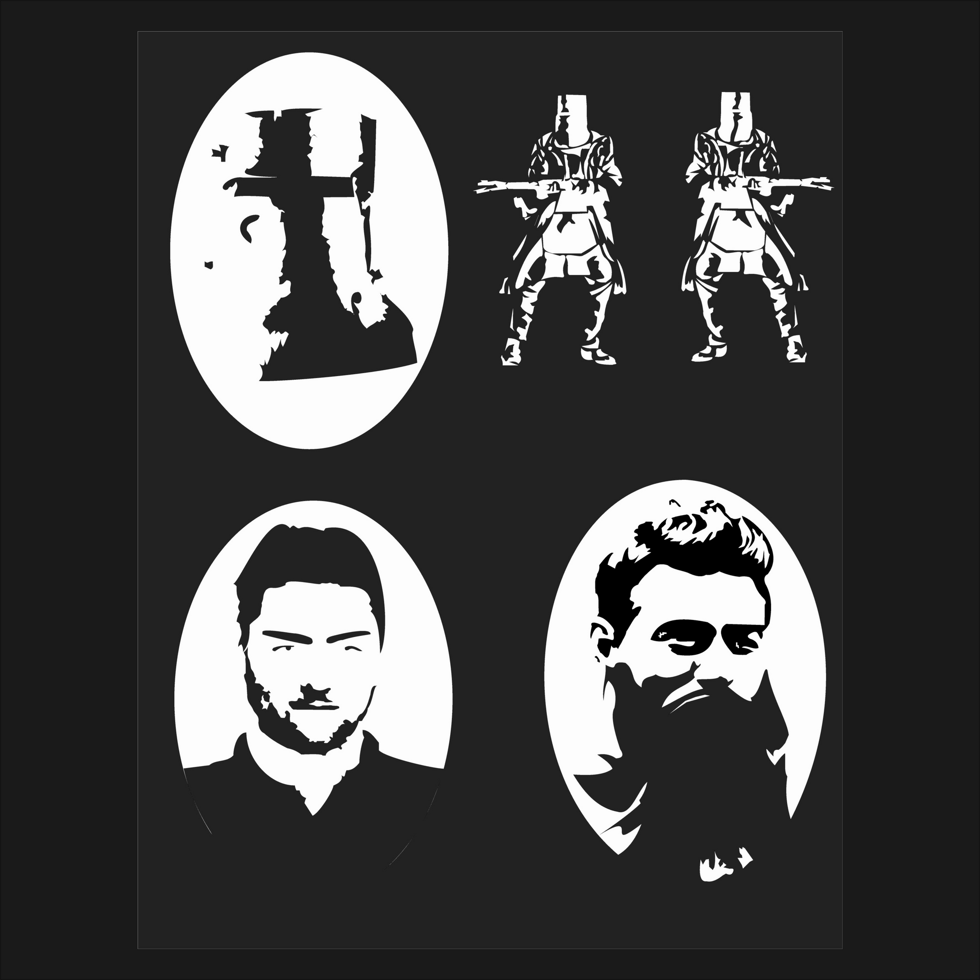 Set of white Ned Kelly silhouettes on a black background