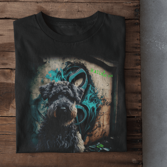 graphic t-shirt featuring a curly-coated Kerry Blue Terrier in front of teal urban graffiti art with green "A Railway Dog" text