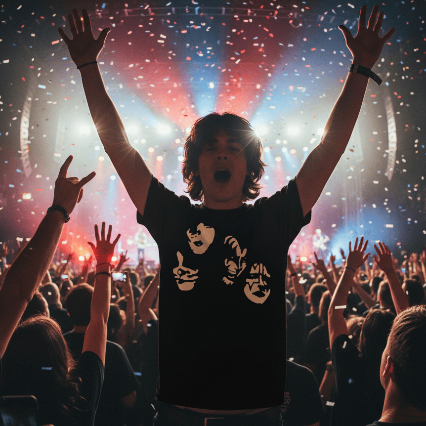 Person at a concert with arms raised amidst confetti and bright lights