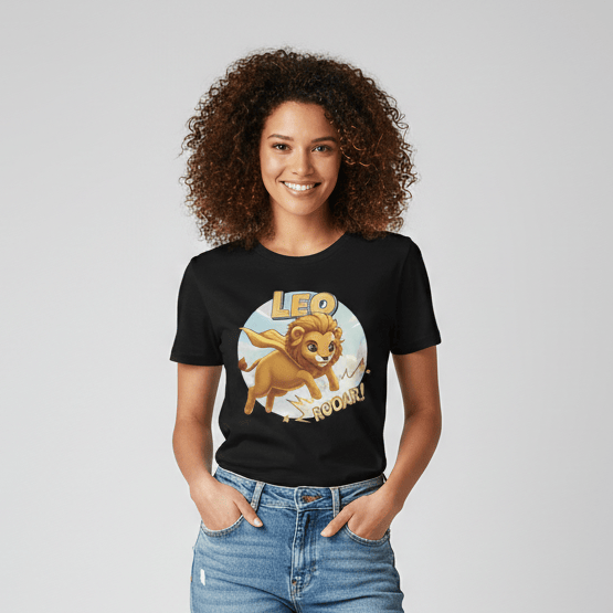 A smiling young woman with curly brown hair wearing a black graphic t-shirt featuring a cartoon lion superhero and the text "LEO ROAR!". She is paired with light-wash distressed denim jeans and white sneakers, standing against a neutral grey studio background.