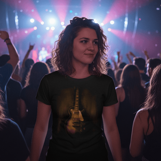 Woman at a concert wearing a Vintage Gibson Les Paul t-shirt with colorful lights and a crowd in the background
